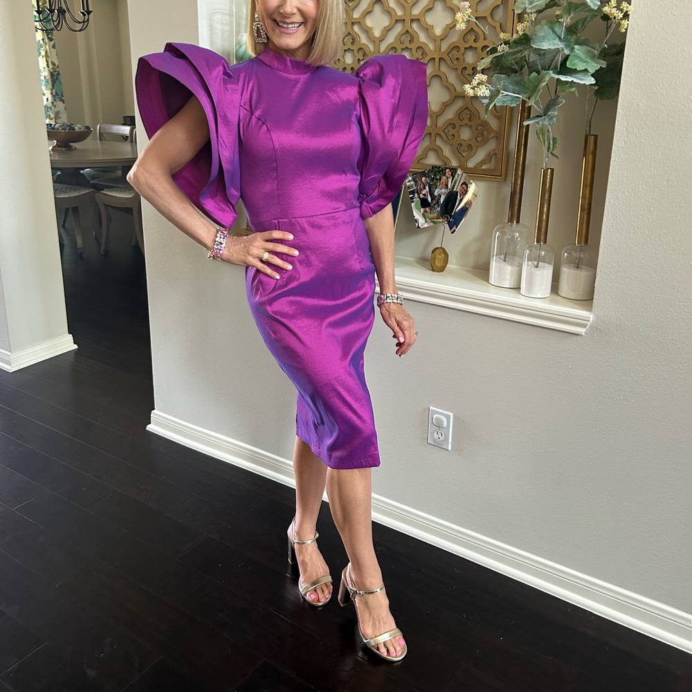 Statement Maker! Iridescent Purple Midi Dress with Puff Sleeves.